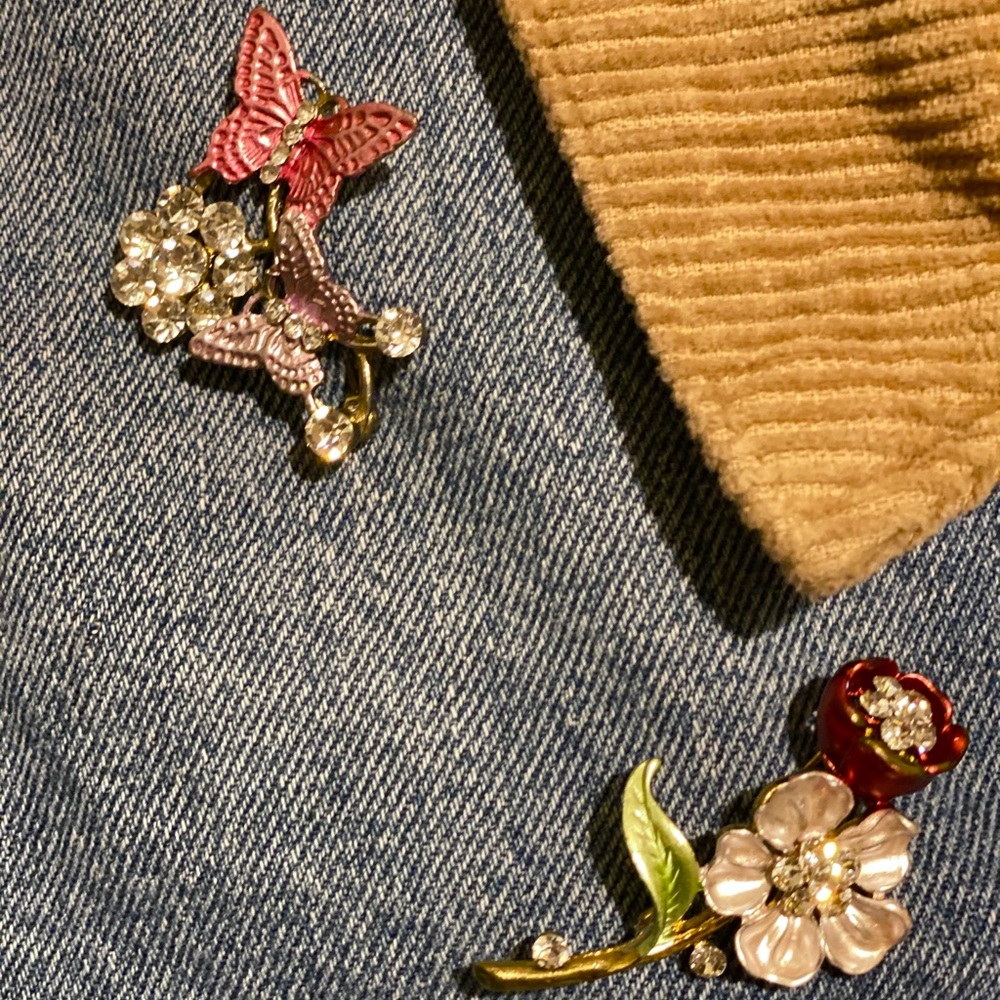 Pink butterfly & Pink n purple flower CZ brooch